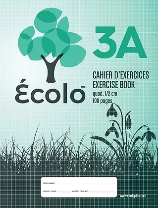  Cahier Écolo #3A, Quadrillé 0.5 cm, 3 trous, 100 pages