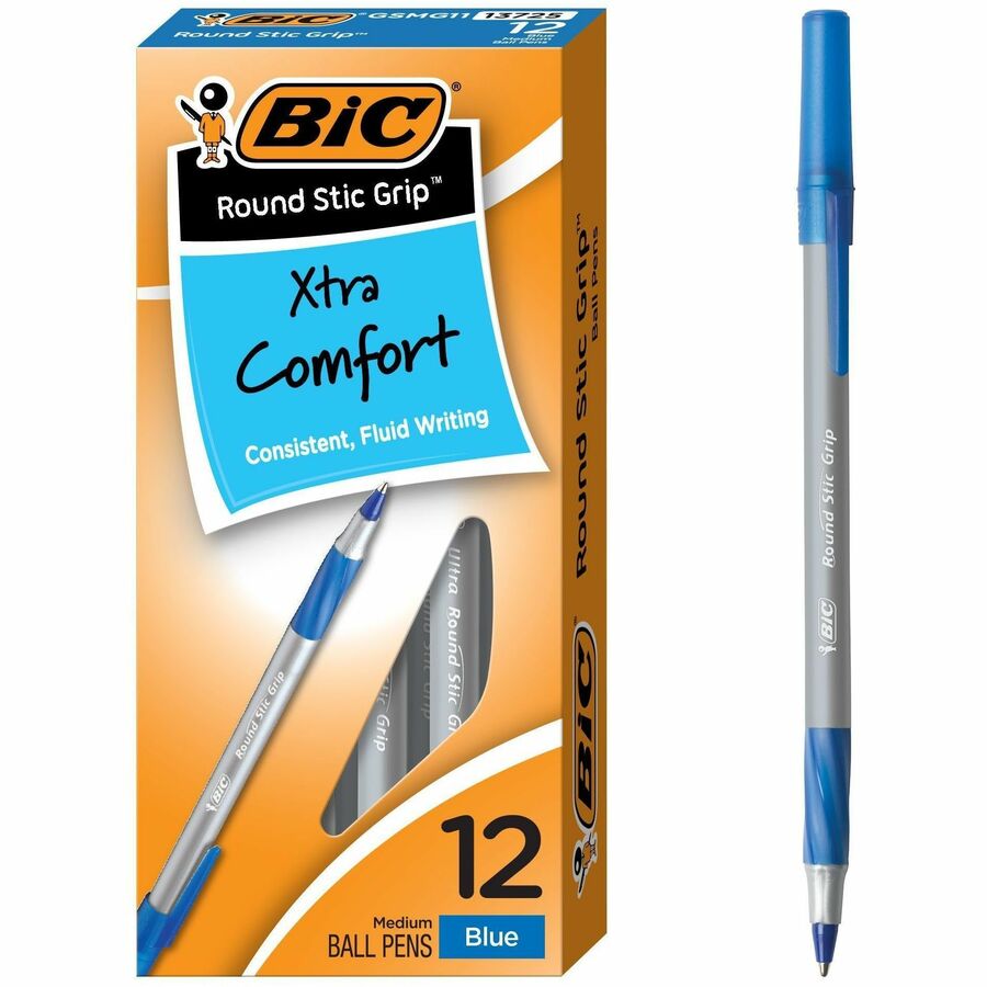 [660639] Round Stic™ Grip Ballpoint Pens, Medium, Blue (Box of 12)
