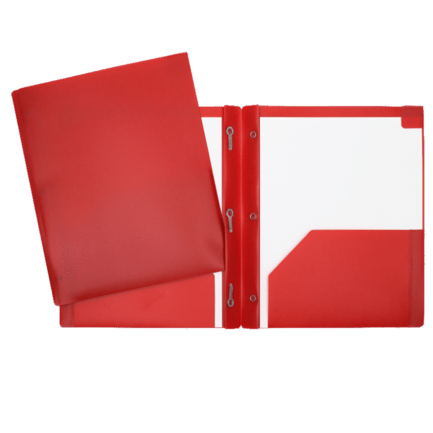 [A374-RD] Duo-tang Plastique rigide avec attaches et pochettes (Rouge)