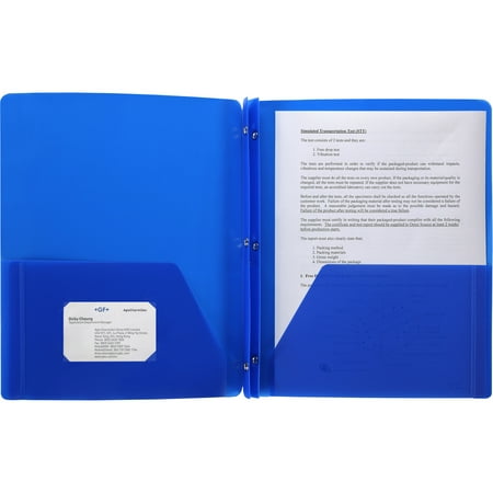 Duo-tang Oxford en plastique rigide attaches et pochettes, bleu
