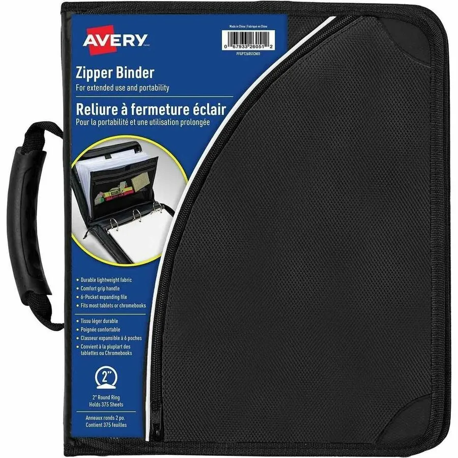 [840706] Cartable Avery 2" avec fermeture éclair et poignée, Noir